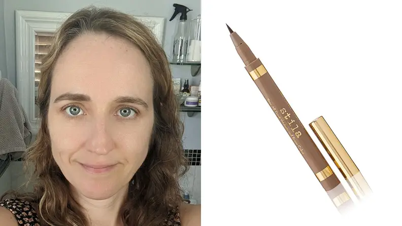 A woman with one eyebrow shaded in using Stila's eyebrow pen, also shown