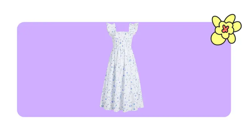 Product shot of the Hill House Nap dress in front of a purple background with a yellow cartoon flower in the corner.