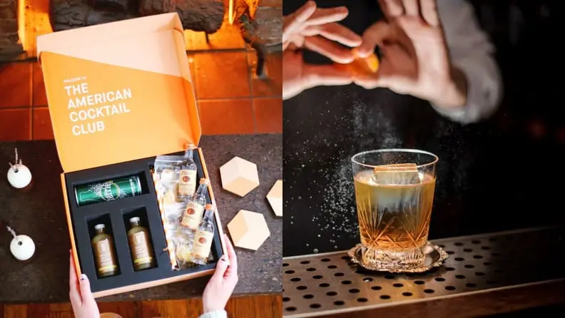 Left: A cardboard delivery box for this cocktail kit that includes the various mixers, natural juice blends, and garnish. Right: A bartender puts the finishing touches on a classy cocktail by squeezing an orange peel over the top.