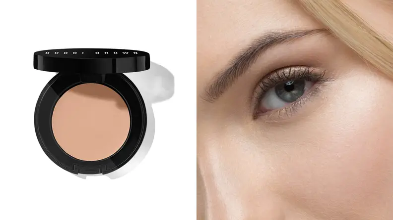 On the left: The Bobbi Brown Under Eye Corrector in a light peach cream shade with its black compact sits on a white background. On the right: A closeup of a person with fair skin's eye after applying the Bobbi Brown Under Eye Corrector.