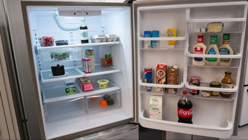 The Whirlpool WRB322DMBM open with food and condiments inside.