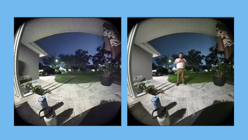 A side by side of a nighttime view from a Ring doorbell camera