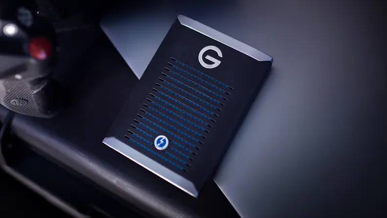 A G-Drive Mobile Pro sits on a desktop.