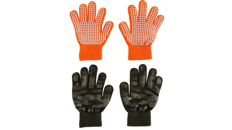 An image of two pairs of child's gloves, one in orange with grips and the other in camo print.