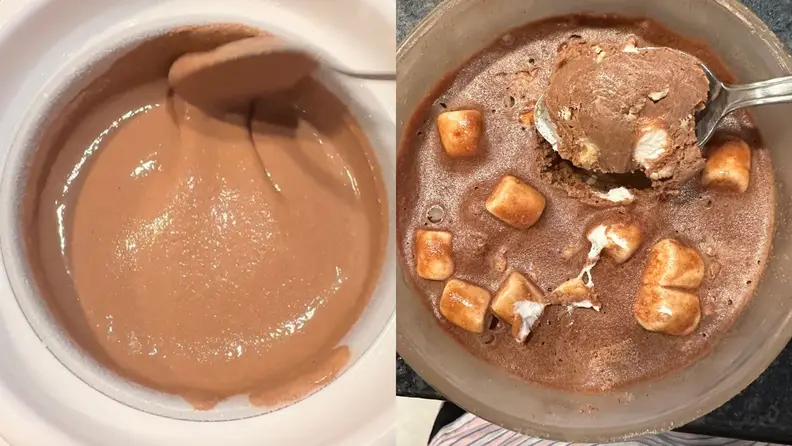 Left: soft chocolate ice cream in Dash ice cream maker. Right: spoon scooping formed version of Rocky Road ice cream.