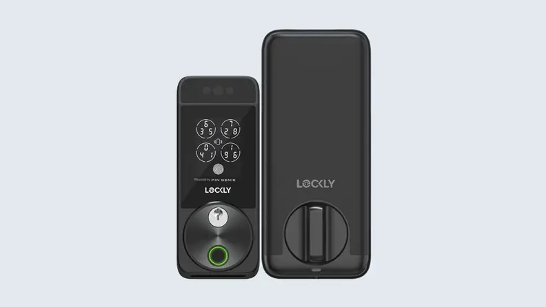 The Lockly Visage smart lock in black on a light blue background.