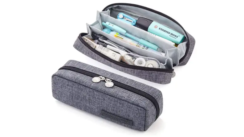 Product shots of gray zipper pencil pouch.