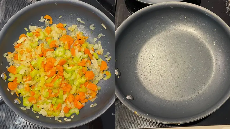 Chopped vegetables cooking in a skillet and an empty skillet.