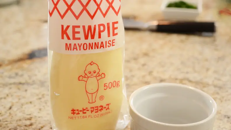 In the center of the image, there's a bag of Japanese kewpie mayo, a main ingredient in the lobster roll recipe.
