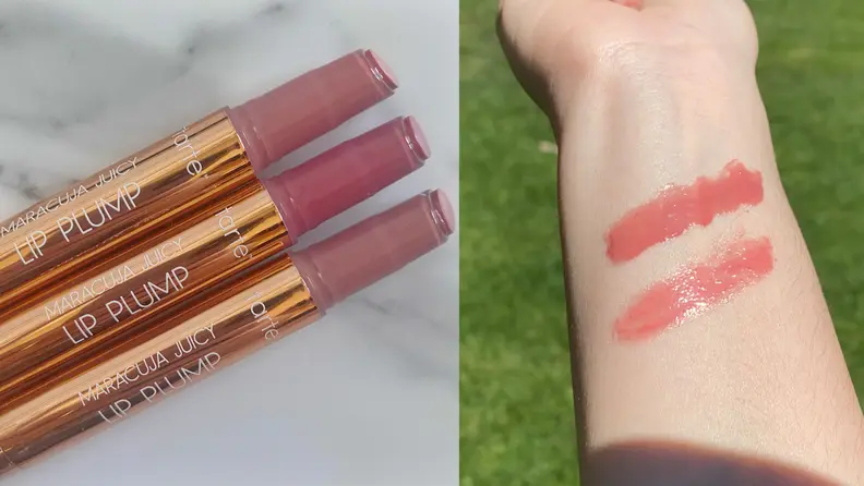 Two images featuring three lip plumpers and what they look like streaked in skin.