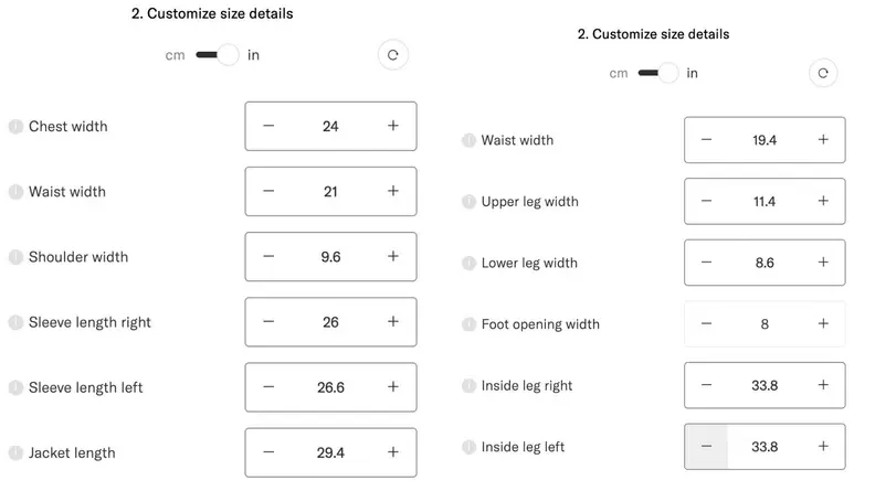 A screenshot of manual measurements taken for Suitsupply's Custom Made program.