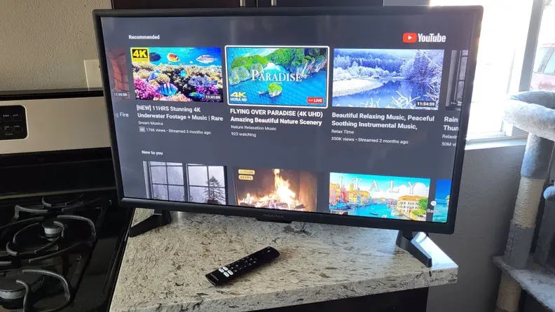 The Insignia Fire TV sitting on a kitchen counter