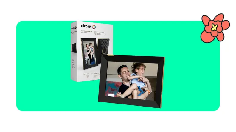 A photo of a smiling father and son inside of the Nixplay digital frame next to cardboard box packaging.