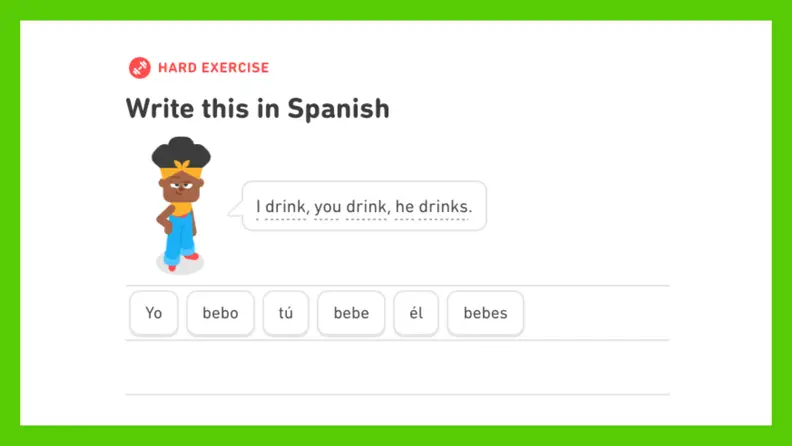 A Duolingo exercise prompting the user to translate “I drink, you drink, he drinks” into Spanish using selectable word tiles.