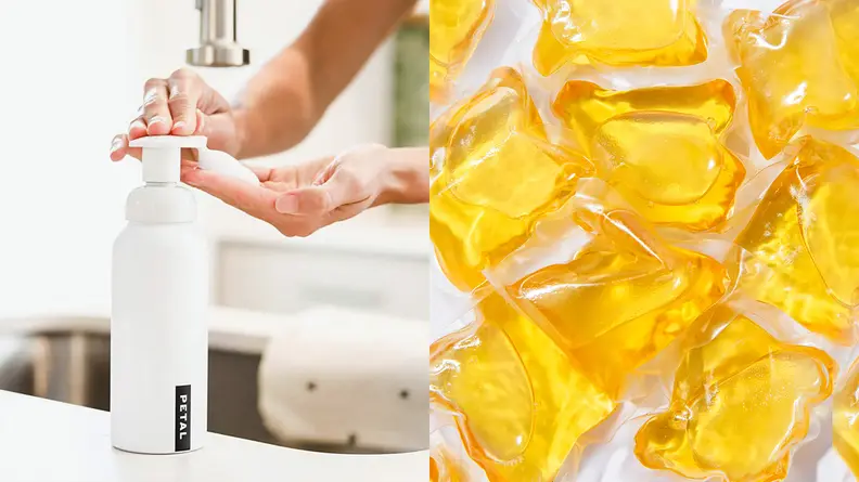 On the right: A person reaching out for a soap dispenser. On the right: Yellow refillable soap pods.