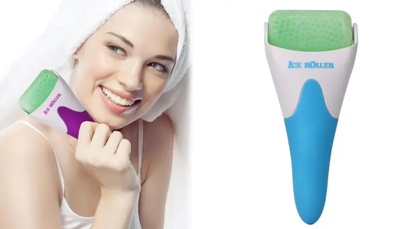 A person uses the esarora ice roller next to a close up image of the product