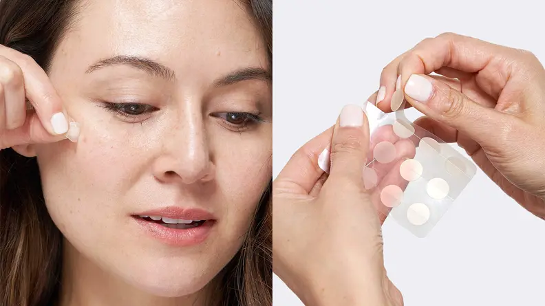 On the left: A person peels a translucent Hero Cosmetics Might Patch Original sticker off of their face. On the right: Two hands hold the sheet of pimple patches from Hero Cosmetics and peel one sticker off.