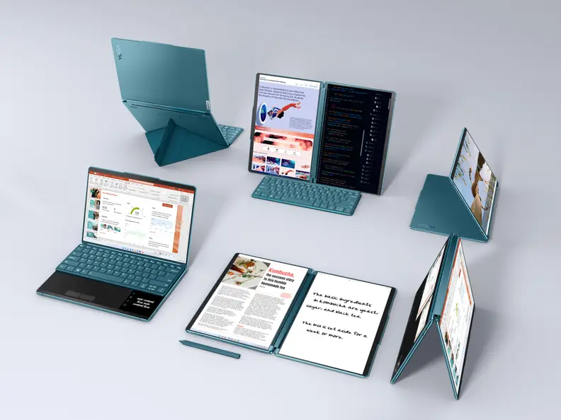 A flexible laptop shown in a variety of open and closed positions.