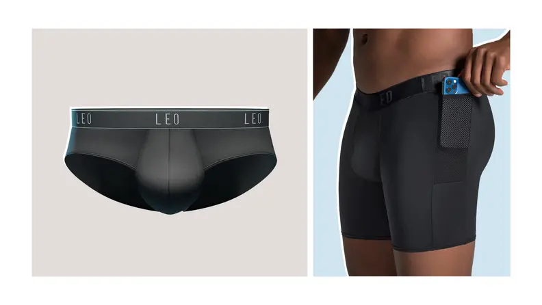 Collage image of a pair of black briefs against a gray background, and a detail shot of a model wearing black boxer briefs that have a mesh pocket on the side. The model is putting a phone into the pocket.