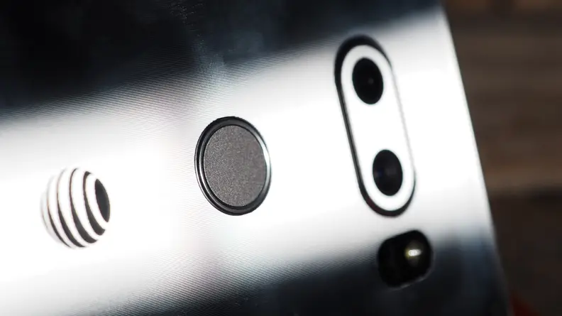 The LG V30's fingerprint sensor/home button is rear-mounted, meaning you need to reach behind the phone to unlock it.
