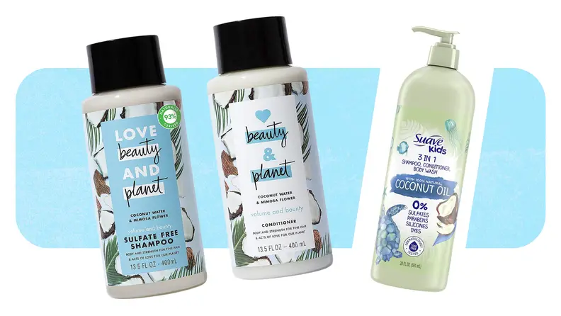 Product shots of the Love Beauty and Planet shampoos and conditioners next to Suave's Kids 3 in 1 Shampoo, Conditioner, and Body Wash.