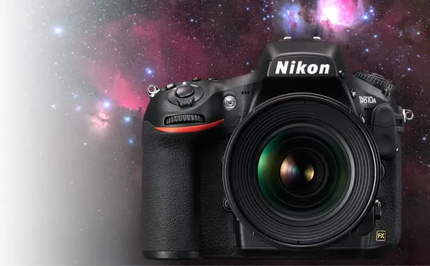The Nikon D810 over a shot of nebulae taken with the camera.