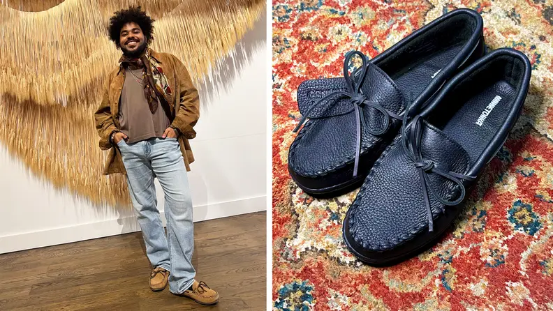 A man wearing brown moccasins with jeans and a suede jacket, also a photograph of a pair of blue shoes on a rug.