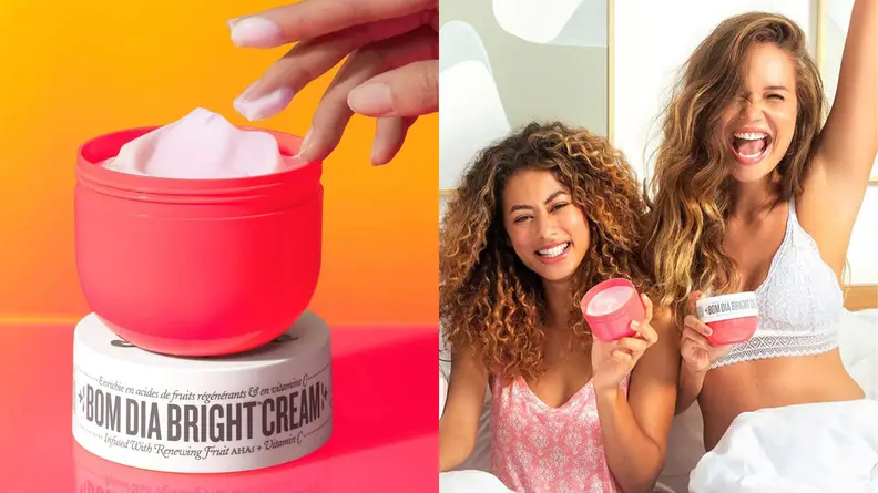 On the left: A pink jar of moisturizer uncapped to reveal a light pink cream. On the right: Two women smiling and holding up jars of moisturizer.