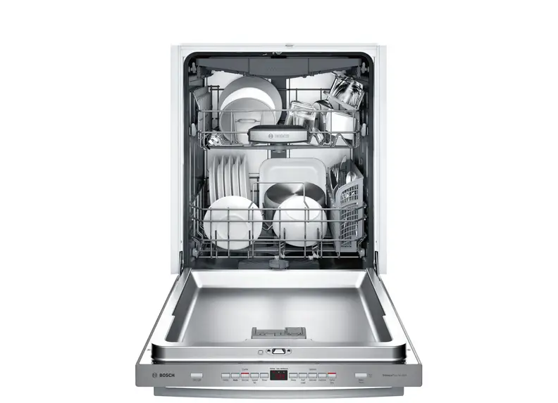 The Bosch 500 Series dishwasher, open, with three standard racks and an optional bar handle.