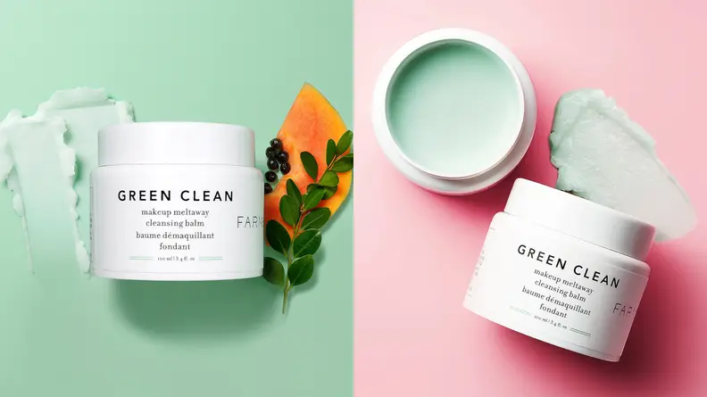 On the left: The Farmacy Green Clean Makeup Removing Cleansing Balm sits on a mint green background with a swatch of the cleanser to the left of the jar and a plant leaf to the right. On the right: Two jars of the Farmacy Green Clean Makeup Removing Cleansing Balm sit on a pink background. One of them is open to reveal a mint green formula.
