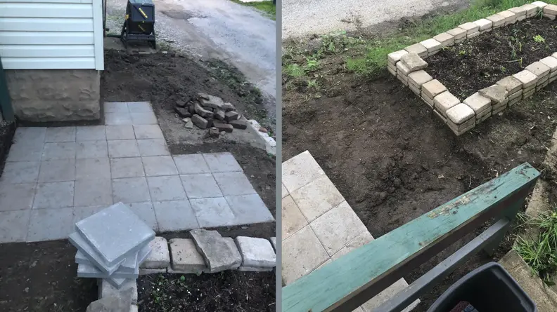 Side by side photo of half-done patio.