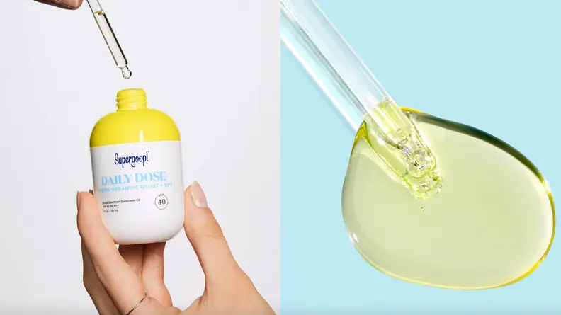 On the left: A closeup of a white and yellow bottle of oil uncapped to show a dropper. On the right: A dropper with a large swatch of yellow oil on a blue background.