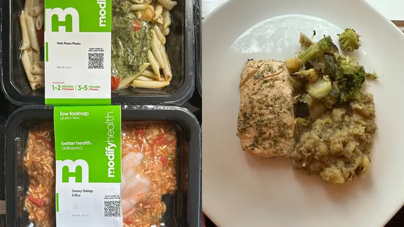 Left: two packaged Modify Health meals. Right: plate of salmon and veggies.