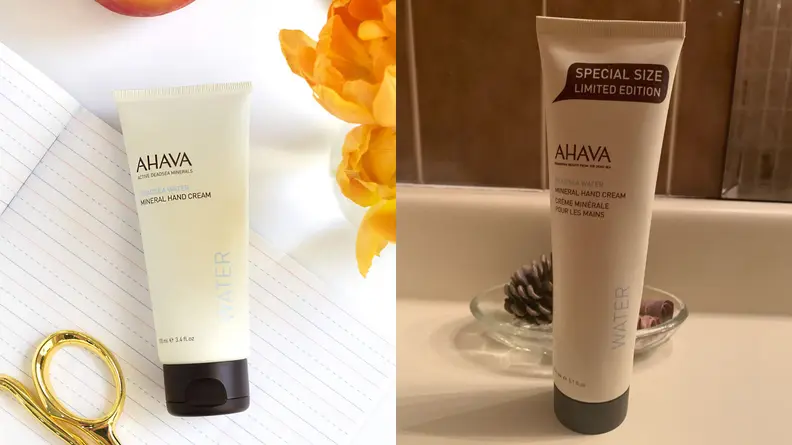 On the left: A tube of Ahava Mineral Hand Cream lay on a desk. On the right: A slim tube of hand cream on a vanity.