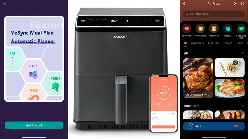 Photo collage of two screenshots from the VeSync app and a smartphone next to the Cosori Dual Blaze Air Fryer