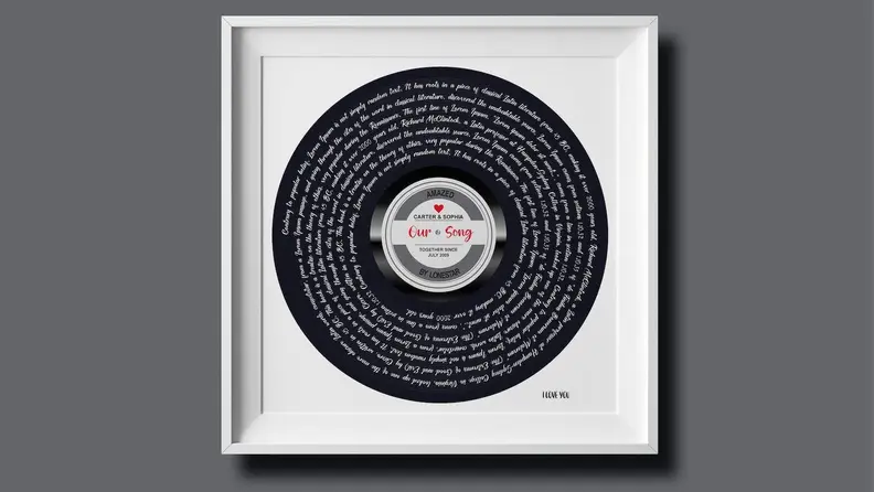 Song lyrics printed on an image of a vinyl record