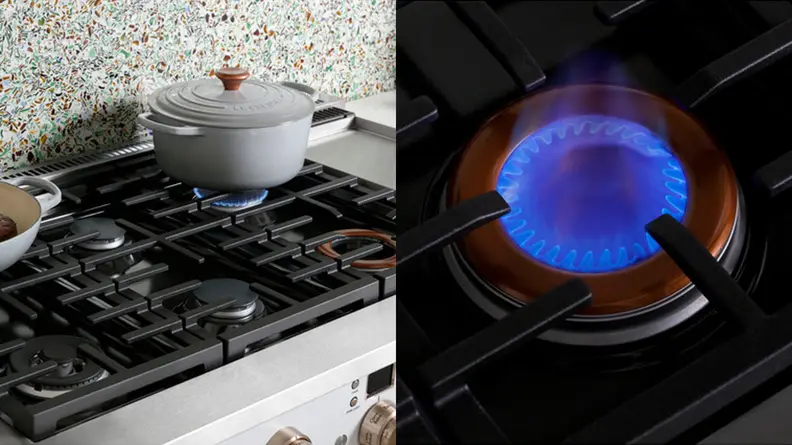 A split image of the rangetop of the GE Cafe C2Y486P3TD1 and a close-up of a burner lit with blue flame.