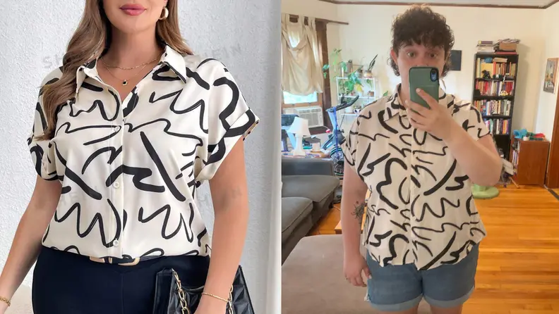 model wearing a shirt and then our tester wearing the same shirt