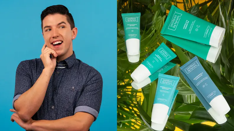 On the left: Hyram Yarbro posing on a blue background with one arm crossed in front of him and the other up near his face. He's making a curious look. On the right: The five Selfless by Hyram products lay on a surface with plants beneath them.