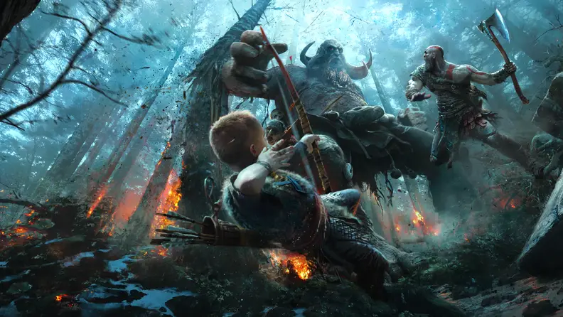 Kratos and Atreus fight a giant creature in the PS4 hit God of War.