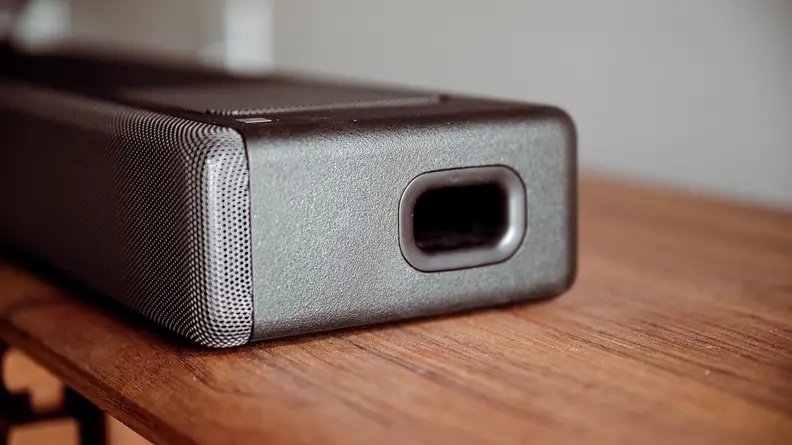 Close-up shot of the side of the soundbar.