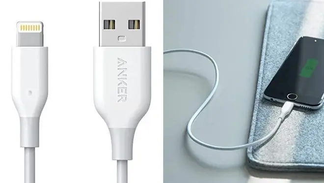 Close-up of lightning cable, lightning cable plugged into phone