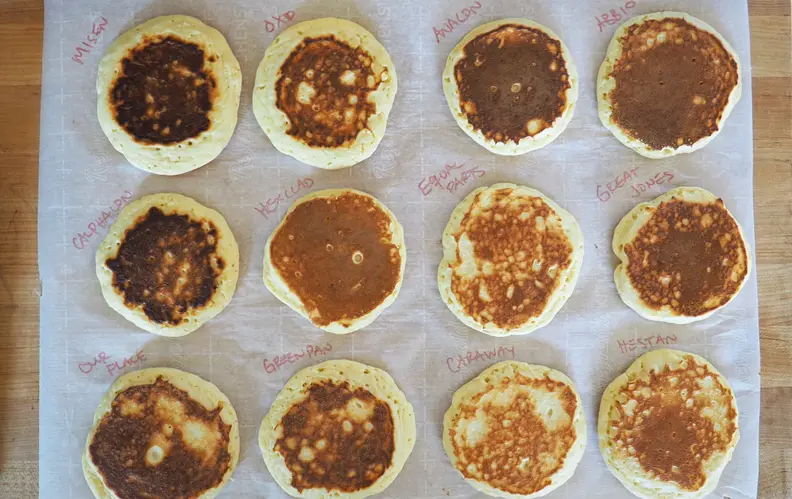 Rows of pancakes show how cooked they are.