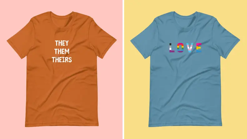 Orange and blue graphic T-shirts on a colorful background