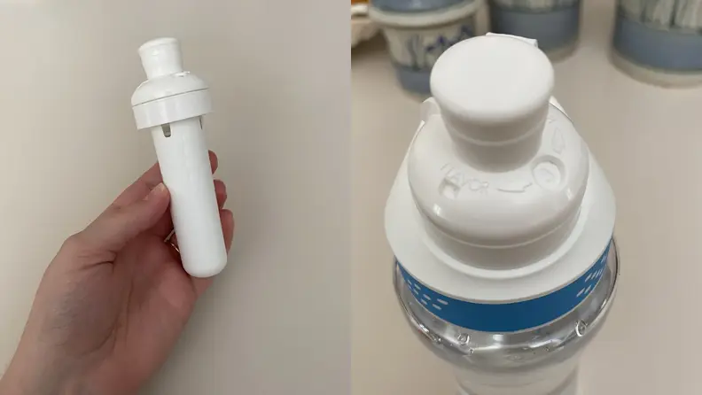 Side-by-side shot of a hand holding the flavor infuser next to a shot of it on top of the bottle.