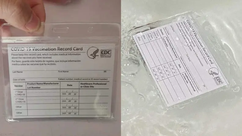 COVID vaccine card in a clear waterproof case.