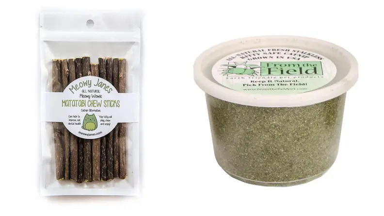 Silver vine sticks and a tub of catnip