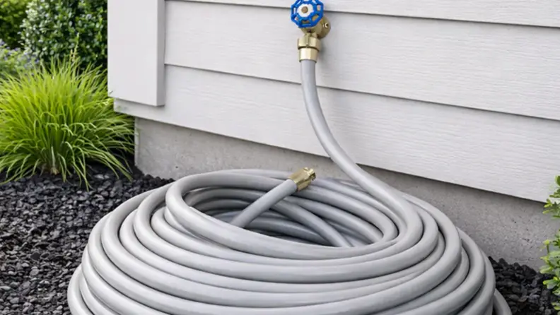 A gray hose at the spigot coiled in the garden