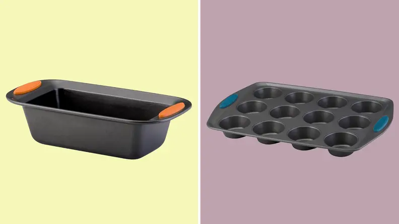 A nonstick loaf pan and muffin pan side by side.