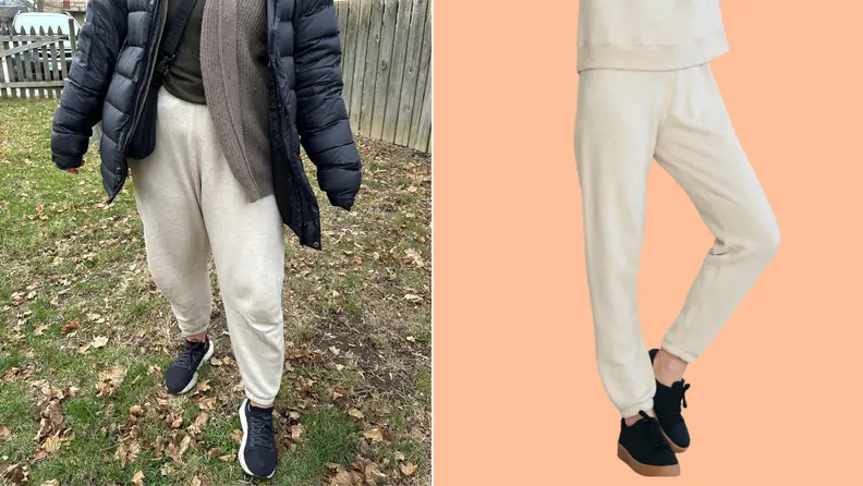 Collage of the author wearing the Saturday Sweat Pant and an image of a model wearing them, too.